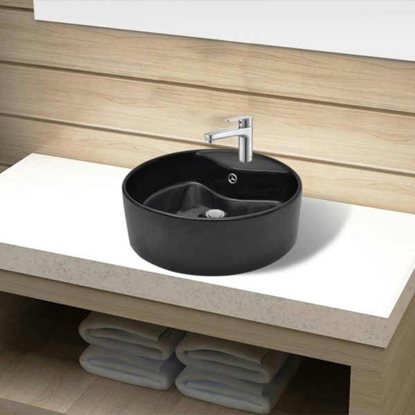 Berkfield Ceramic Bathroom Sink Basin Faucet/Overflow Hole Black Round