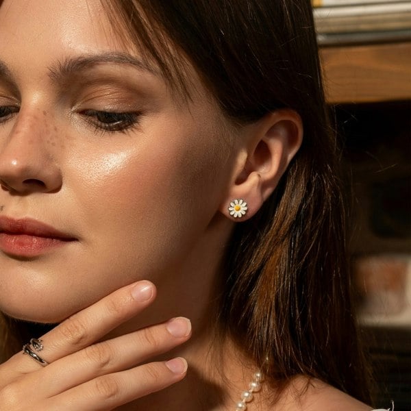 Spero London Enamel Daisy Stud Sterling Silver Earrings