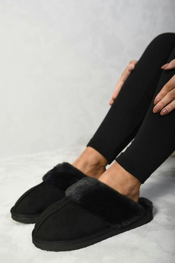 Josie Fuzzy Faux Fur Lined Slip-on Slippers - Black