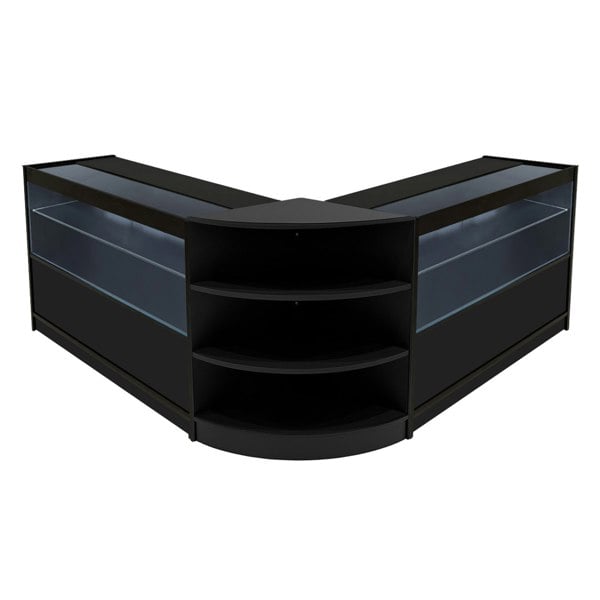 Black Andromeda LED shop counter set featuring a sleek, modern design with glass display sections and curved shelving for optimal product visibility
