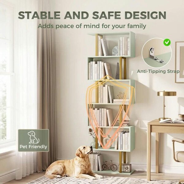S-Shaped Bookshelf, 6-Tier Bookcase, Freestanding Storage Shelves with Anti-Tip Strap for Living Room, Light Green