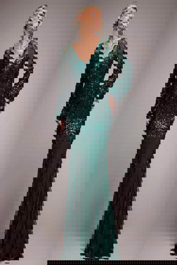 Embellished Sequin Bishop Sleeve Maxi Dress - Emerald Green DR4634