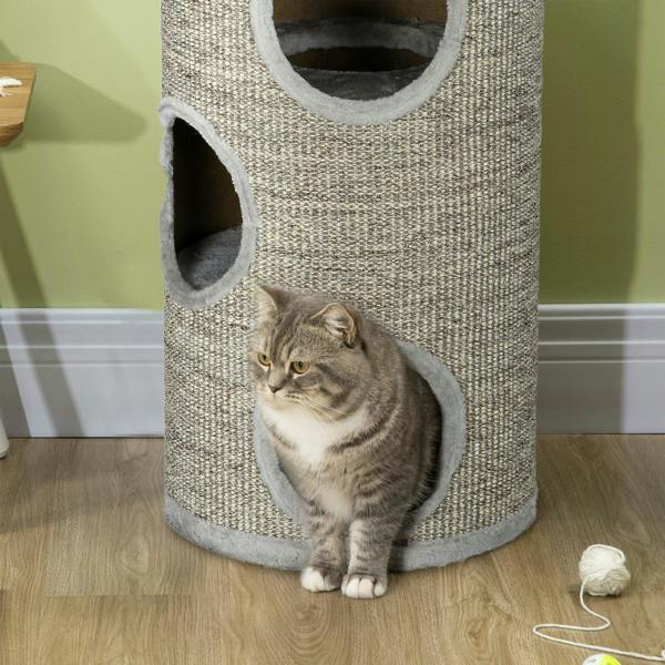 Light grey sisal cat climbing frame cylinder with round entrances; cat resting at the bottom