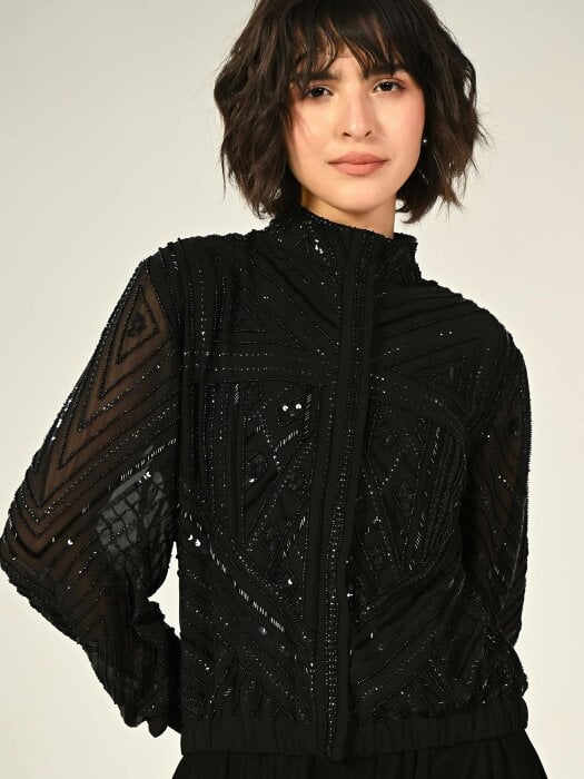 Rose & Nancy Briar Black Hand Embellished Funnel Neck Bomber Jacket