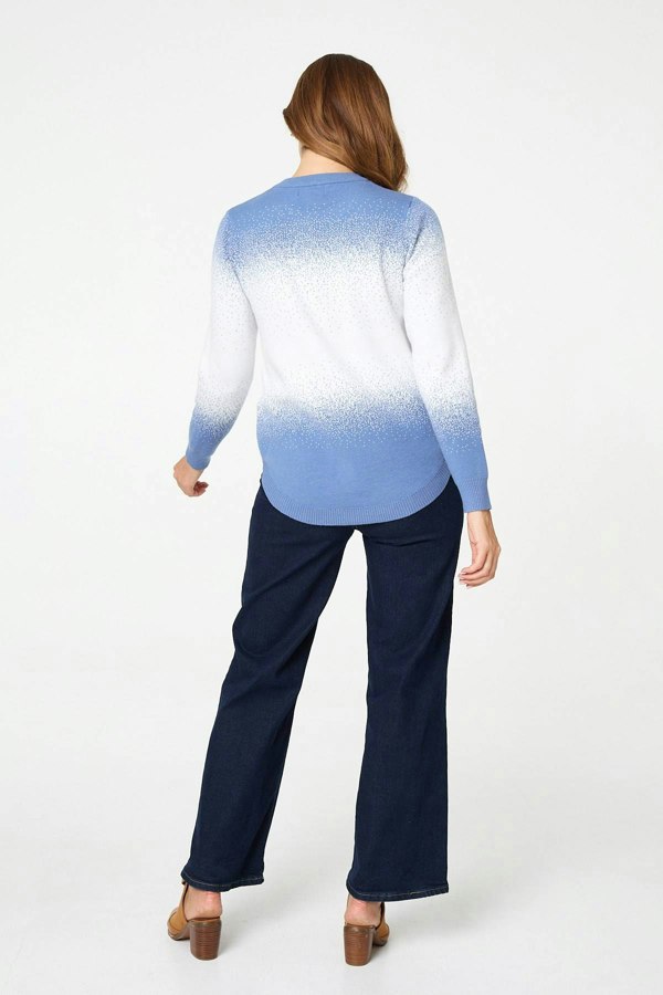 Blue | Printed Long Sleeve Curve Hem Top
