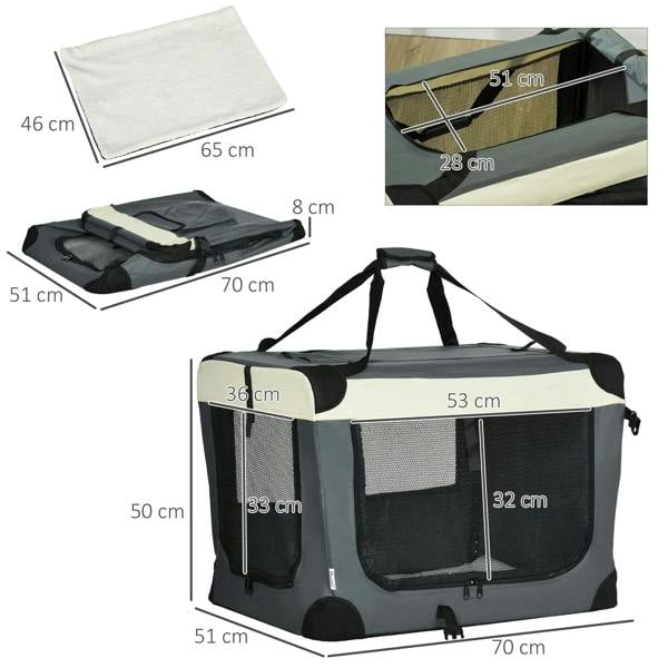 Grey foldable pet carrier set with cushion and fold-out base, with size measurements shown