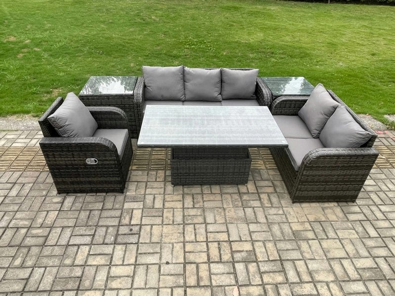 Fimous Outdoor Rattan Furniture Garden Dining Set Patio Height Adjustable Rising lifting Table Reclining Chair Sofa With 2 Side Tables Dark Grey Mixed