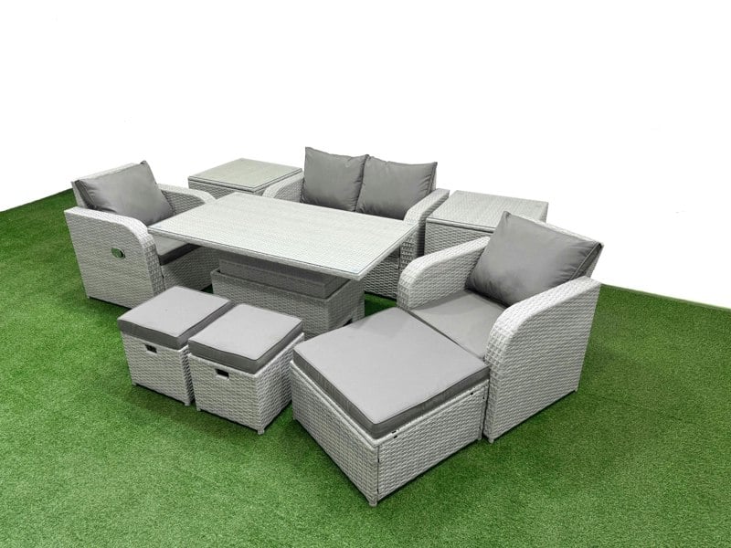 Fimous 7 Seater Light Grey PE Wicker Rattan Sofa Set - Reclining Chair, Adjustable Lifting Dining/Coffee Table & 3 Stools