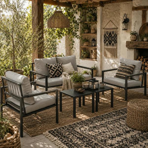 Wyld Haus Cosneri Metal Light Grey 4 Seater Garden Sofa Set with 2 Coffee Tables