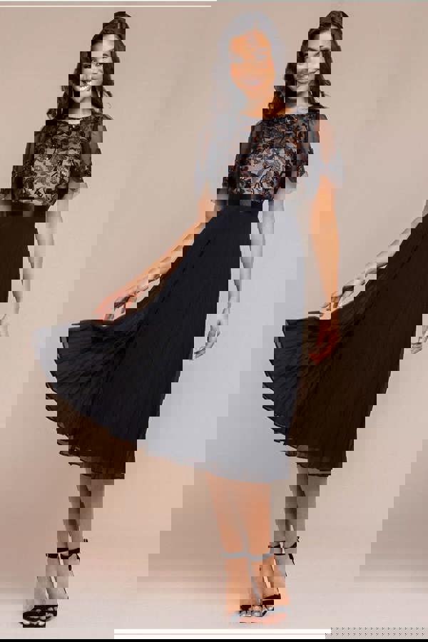 Embroidered Top Chiffon Pleated Midi - Black DR3802