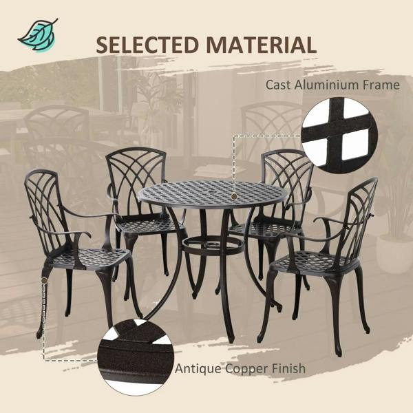 Brown cast-aluminum outdoor dining set with four armchairs and round table
