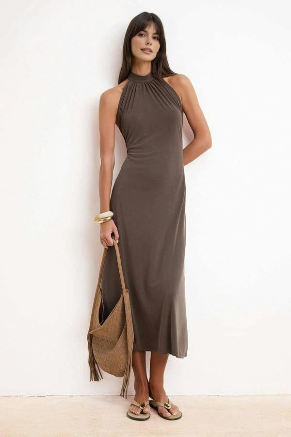 WOVCOR Halter Neck Sleeveless Ruched Midi Knit Dress