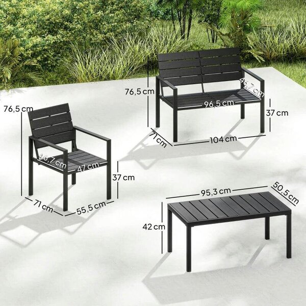 4 Piece Garden Furniture Set, Outdoor Sofa Set with HDPE Slatted Loveseat Armchairs Coffee Table Metal Frame, Black