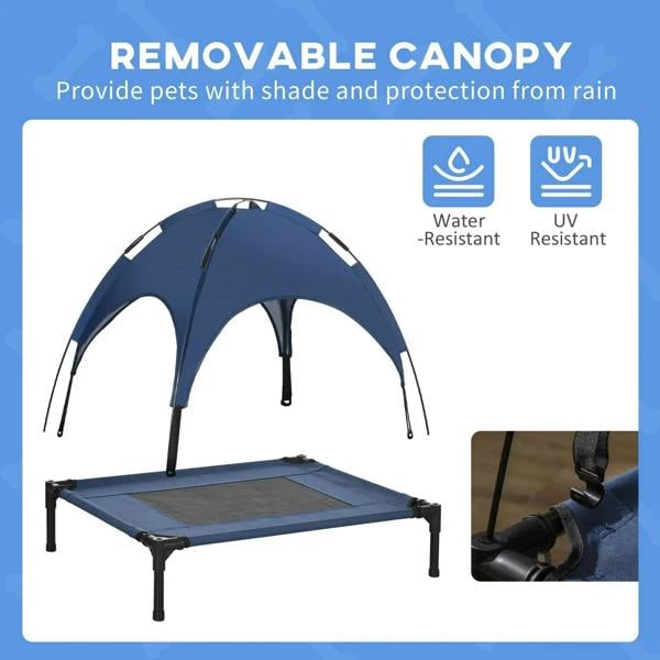Blue elevated pet cot with removable canopy, water-resistant and UV-resistant design