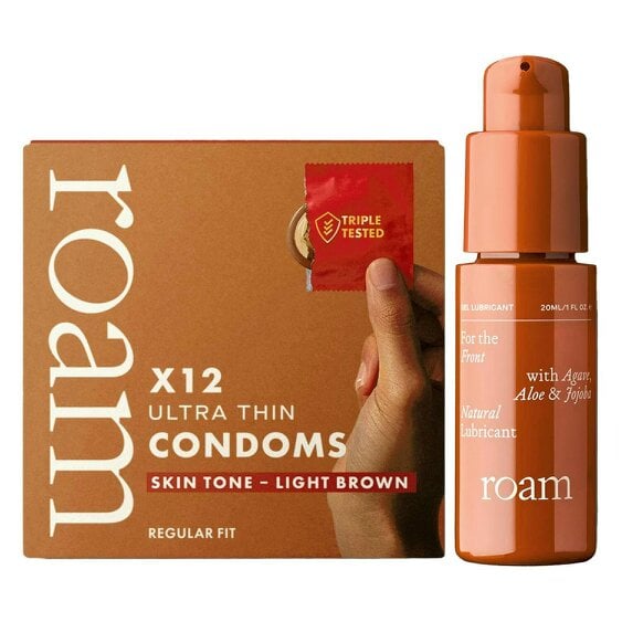 Roam Light Brown Skin Tone Condoms 12 Pack - with Front Lube 20ml - Regular Fit