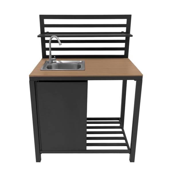 Aluminium and wood outdoor kitchen set featuring a sleek black frame, a wooden countertop, and a stainless steel sink with a modern design