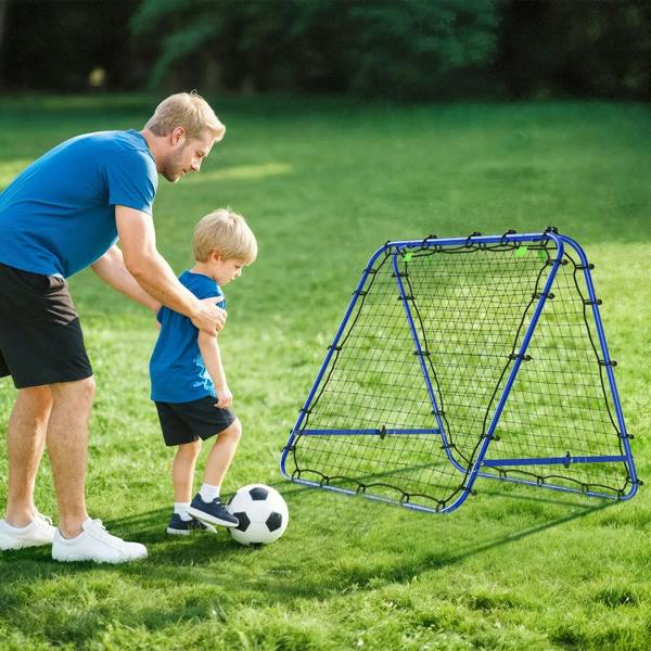 Blue football rebounder goal net with goal mouth and supporting steel legs