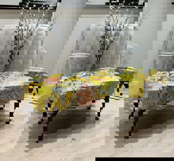 ISTOOLS Premium Zen Floral Footstool Ottoman – Yellow Bird Print Pouffe Footrest for Living Room Decor