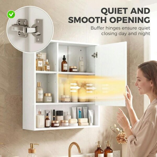 Bathroom Mirror Cabinet, Wall-Mounted Bathroom Cabinet with Mirror Door, Adjustable Shelves, White