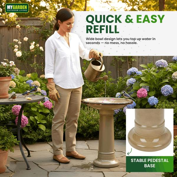 My Garden Outdoor Living Garden Bird Bath Ceramic Effect-Free-Standing Bird Bath for Garden & Outdoor-Weather Resistant Finish, Stable Pedestal Base