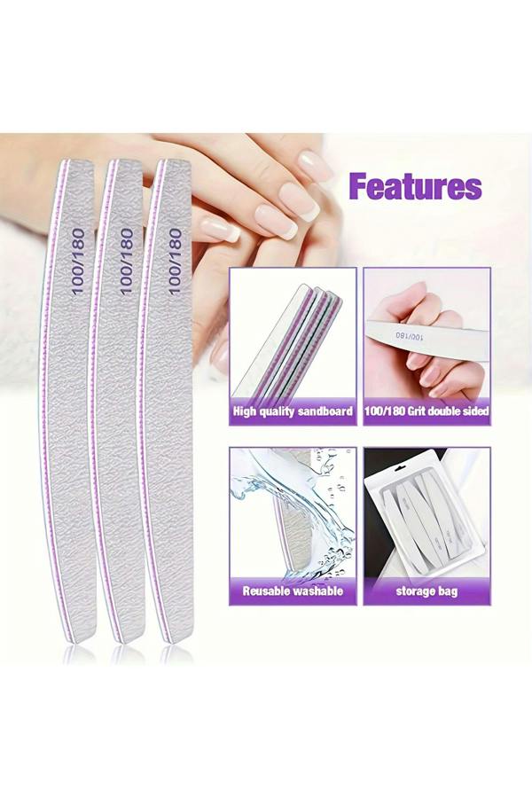 Dyzi 50pcs Nail File Buffer Set 100/180 Grit Double-Sided Half-Moon