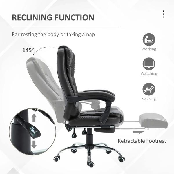 Reclining office chair with retractable footrest and dark PU leather upholstery