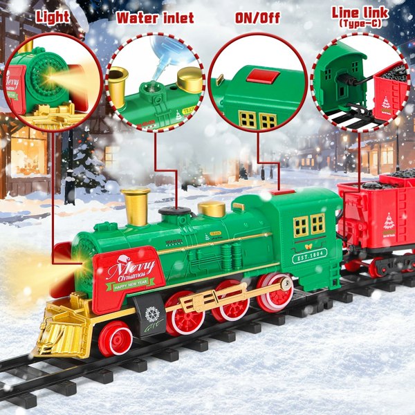 deAO Toys Christmas Train Set with Steam, Lights & Music -Electric Holiday Toy Train