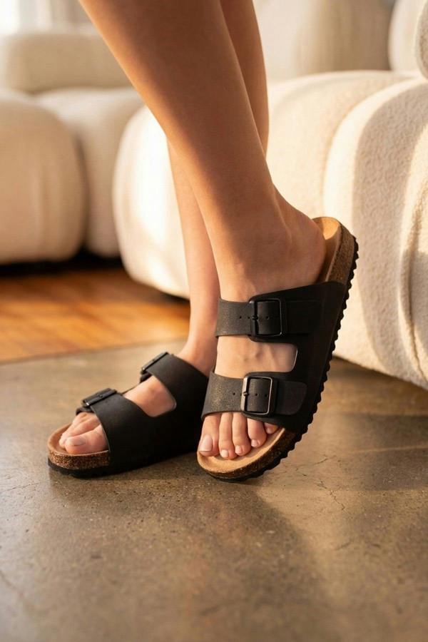 Harper Womens Double Buckle Cork Slide Sandals - BLACK