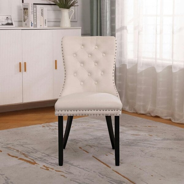 Neo Set of Four Studded Natural Velvet Dining Chairs with Ring Knocker Detail