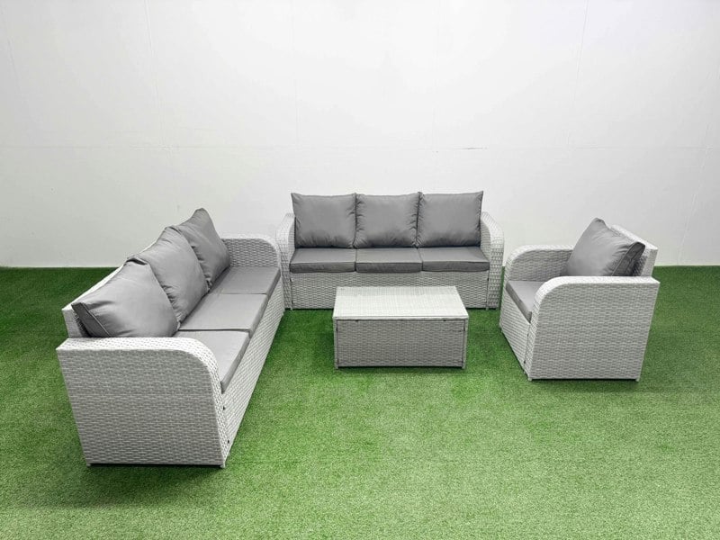 Fimous 7 Seater Poly Rattan Outdoor Garden Furniture Sofa Set Patio 3 Seater Sofa Reclining Chair 3 Seater Sofa Light Grey