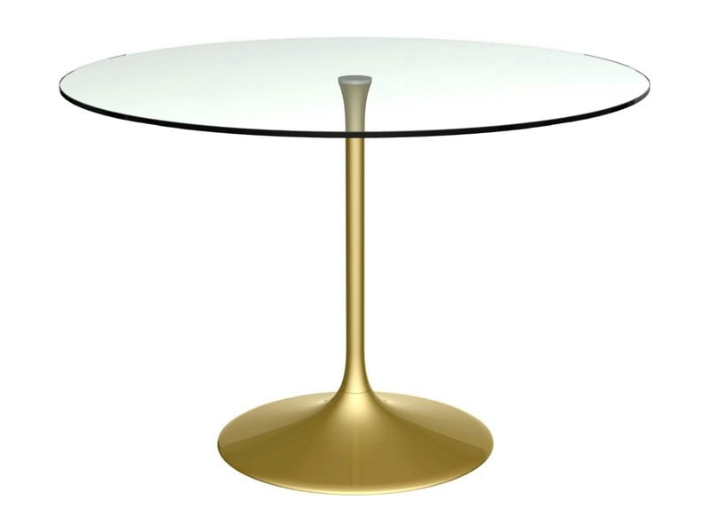 Swan Large Circular Dining Table with Clear Glass Top and Brushed Brass Pedestal Base by Gillmore British Design © GillmoreSPACE Ltd