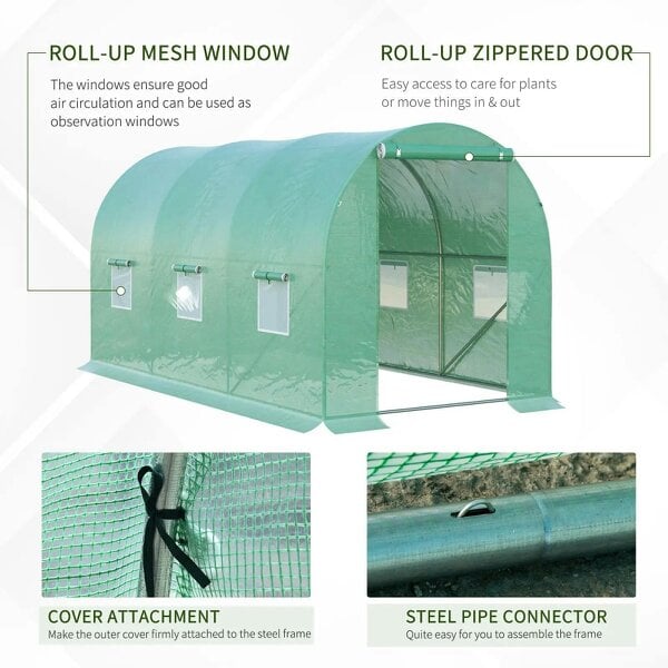 Bobobiy 4 x 2 m Polytunnel Greenhouse with Roll-up Door and 6 Mesh Windows, Green, 4 x 2 x 2 m