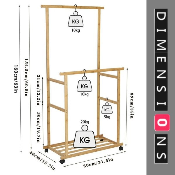 Modcraft Large Bamboo Clothes Rail with Wheels, Wooden Garment Rack with Shelves for Bedroom