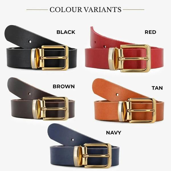 Set of leather belts in black, red, brown, tan, and navy with gold buckles on a white background.