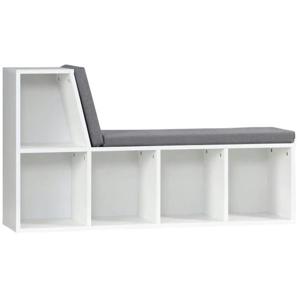 White bookcase storage shelf with gray upholstered corner reading seat