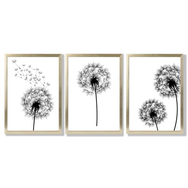 Artze Wall Art DANDELIONS Set of 3 Framed Sketch Wall Art Prints