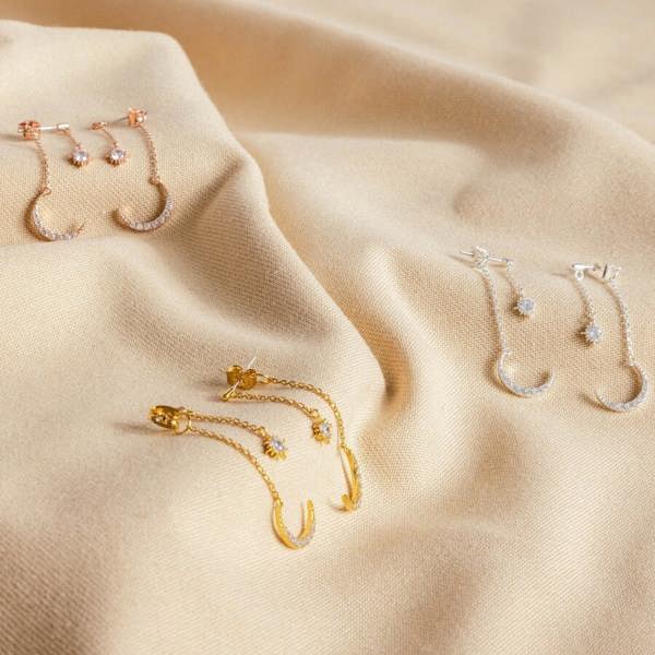 Silver Crystal Star And Moon Double Drop Earrings - lifestyle shot