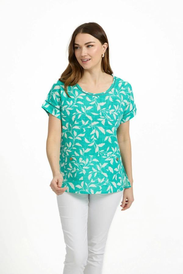 Mudflower Leaf Print Ladder Trim Top