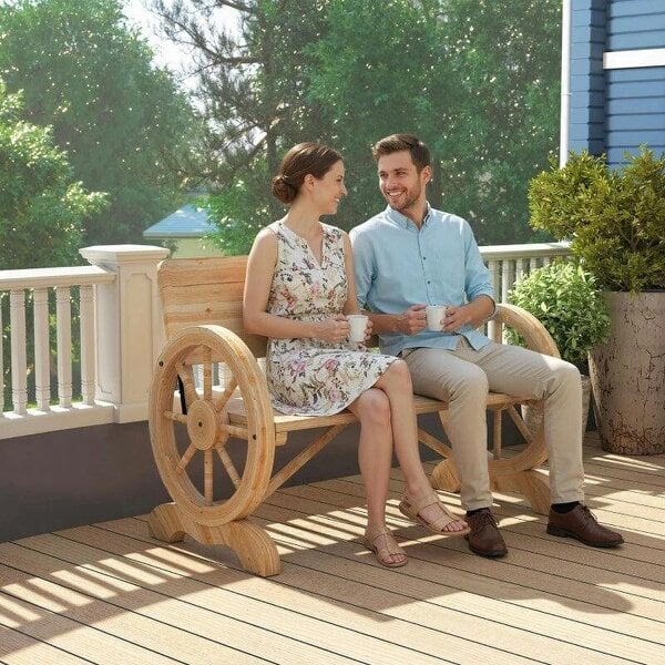 Fir Wood 2-Seater Outdoor Garden Wagon Wheel Bench, Natural Wood Finish
