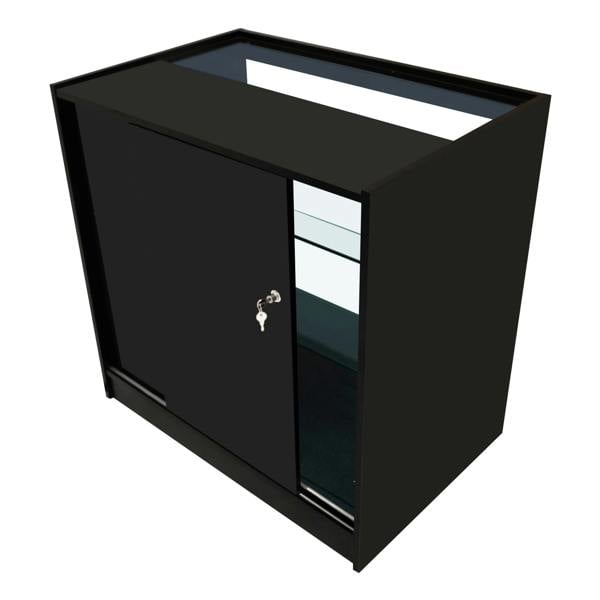 Polaris LED shop counter set in sleek black, featuring a sliding door, glass shelves, and a modern design for retail displays
