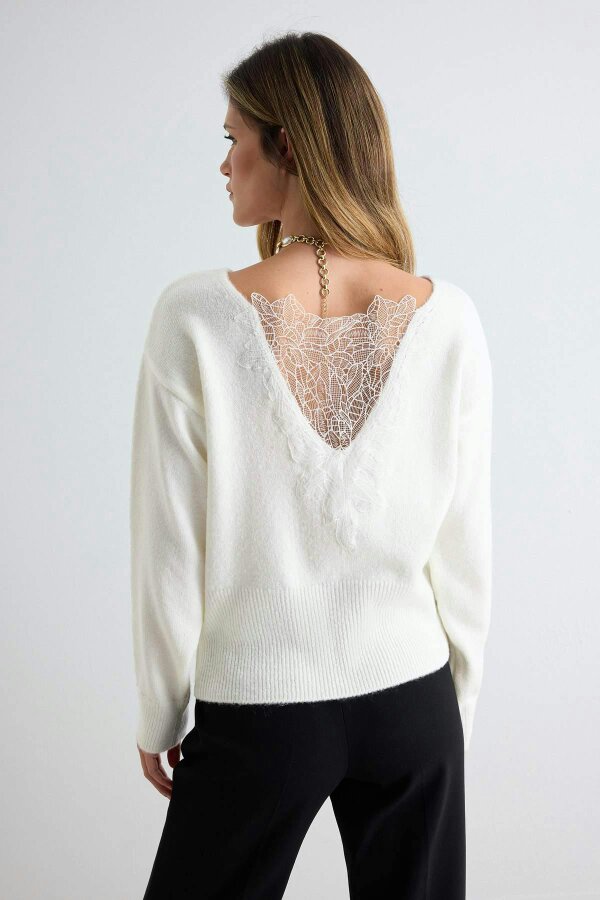 WOVCOR Soft Touch Back Lace Detail Boat Neck Long Sleeve Knitwear