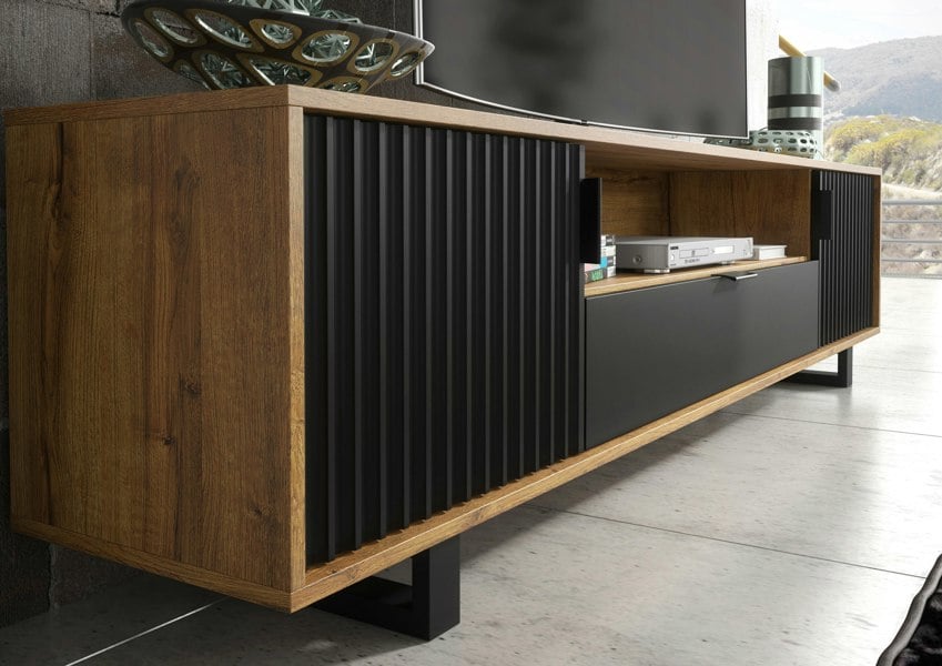 Mex Furniture Milled 200cm TV Unit with Oak Matt Body and Black Milled-Front Doors