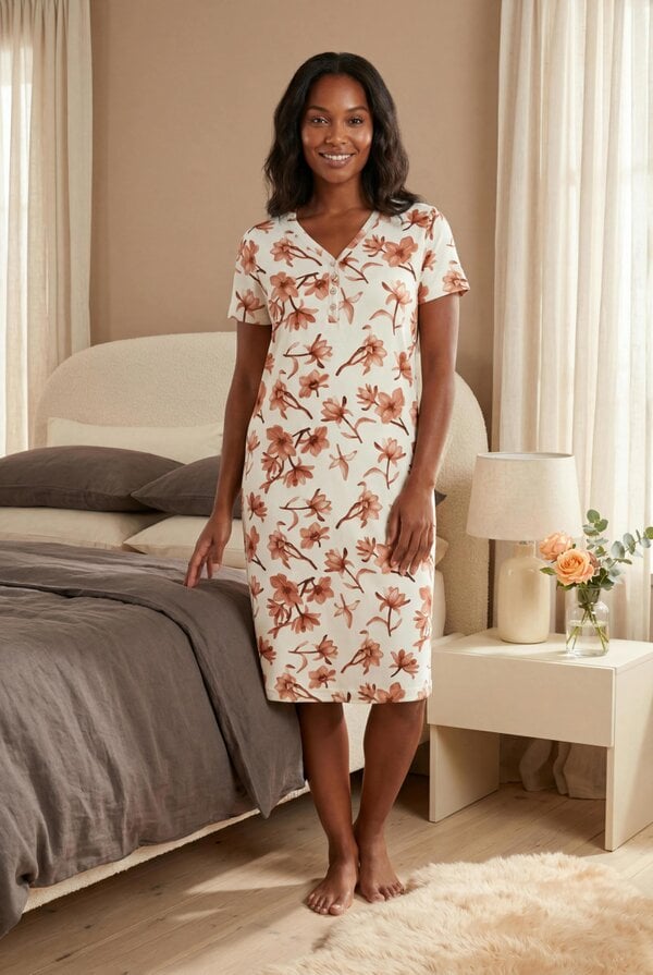 Camille Womens Floral Print Spandex Short Sleeve Nightdress - Cream