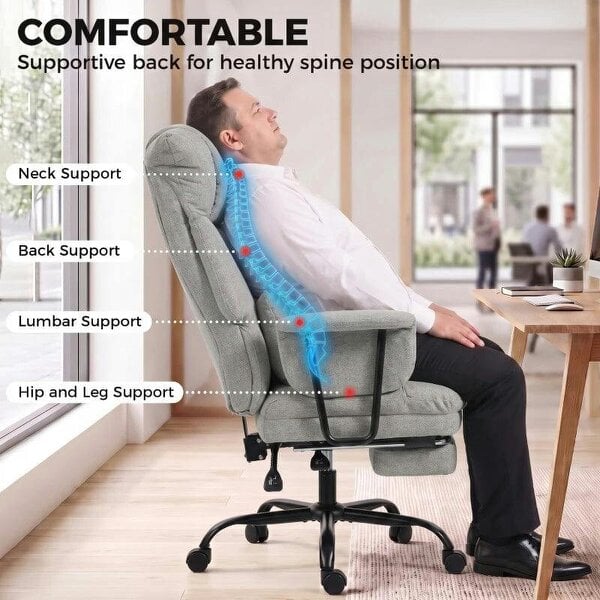 Office Chair, 180kg Heavy Duty Linen Computer Desk Chair with Lumbar Support, Wide Seat, Spring Cushion, Grey