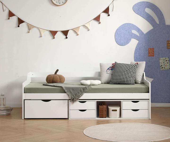 Mission TM London Cabin Day Bed with Storage Drawers and Shelf, Pine, White