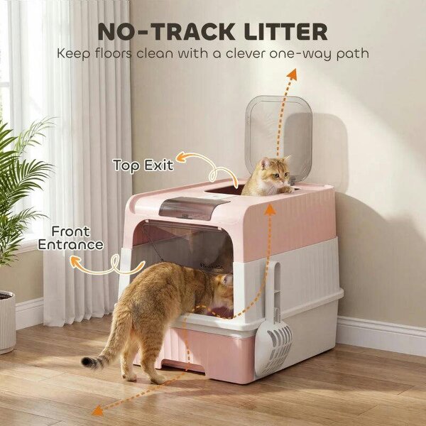 Enclosed Cat Litter Box with Lid, Pull-Out Drawer Tray, Scoop, 2 Deodorisation Bags, Front Entry & Top Exit, Pink