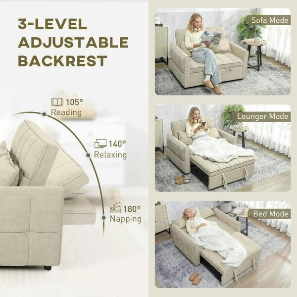 2 Seater Sofa Bed, 3-in-1 Convertible Sleeper Sofa with Click-clack Adjustable Backrest and 2 Pillows, Light Brown