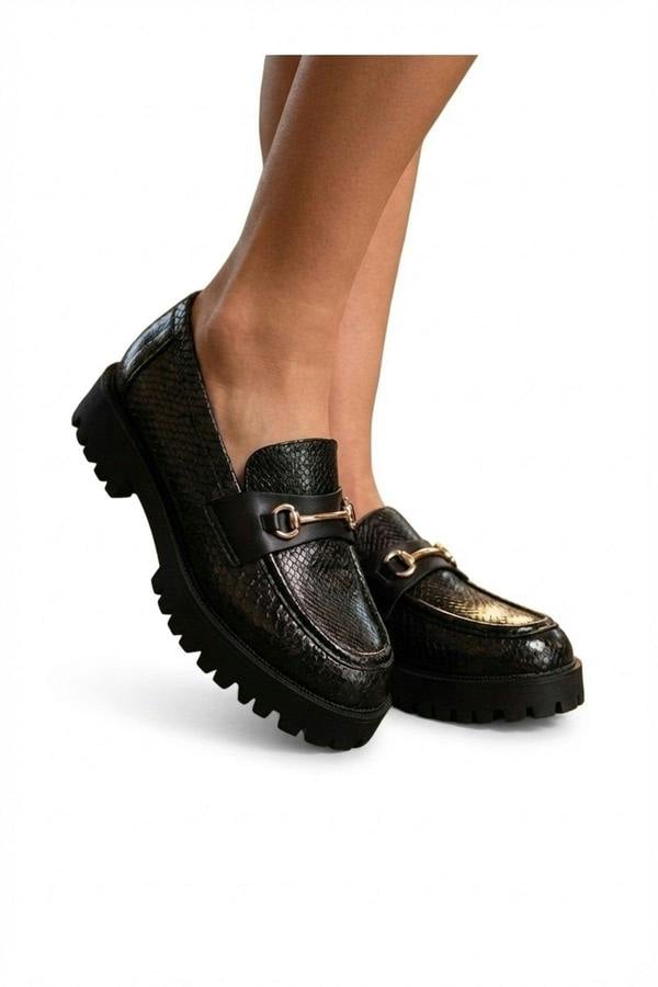Poppy Snakeskin Chunky Loafers - Black_wb