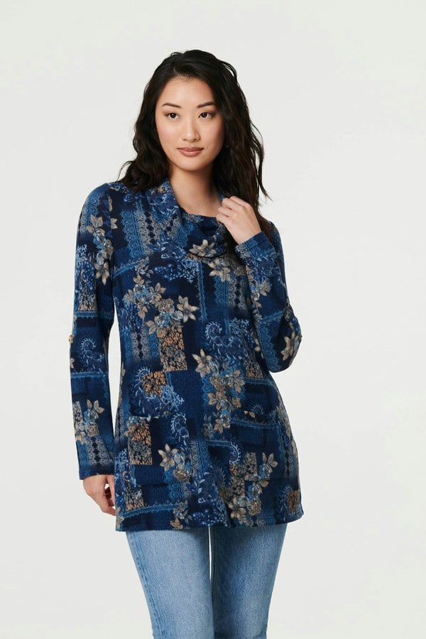 Blue | Printed Cowl Neck Long Sleeve Tunic Top