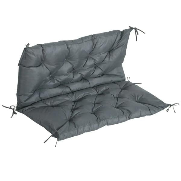 Dark grey 2 seater bench cushion with backrest and tie cords, angled view